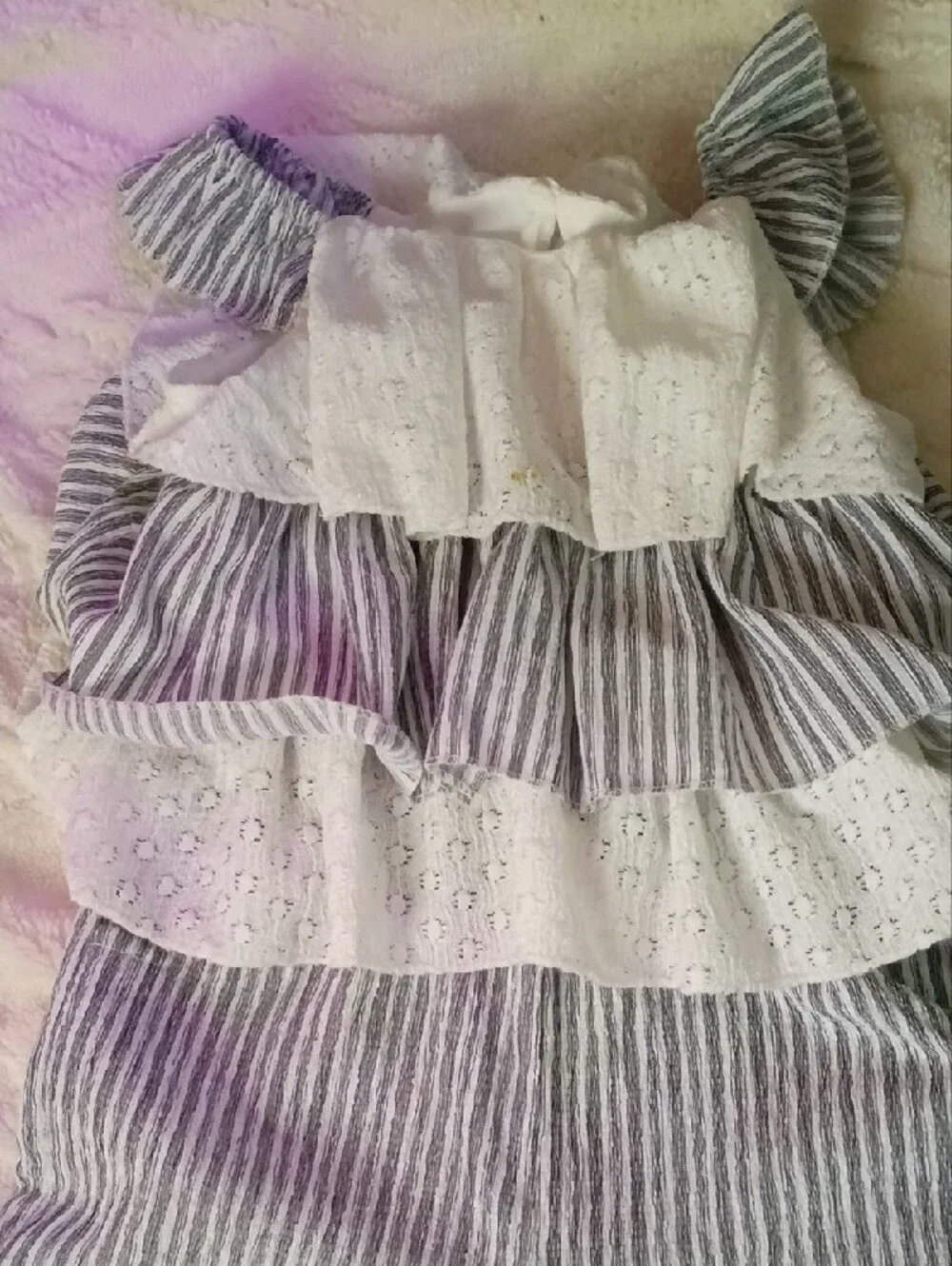 Tahari White and Gray Striped Ruffle Jumpsuit